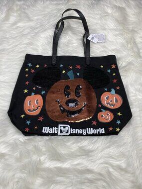 NEW Disney Halloween Sequin Mickey Pumpkin Tote Bag